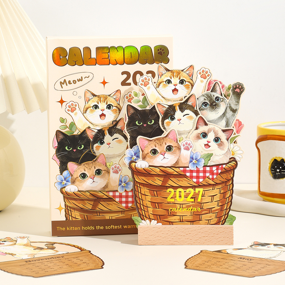 TEMU 1 Set Icceemee 2027 Wooden Desk Calendar With 12 Replaceable Monthly Cards - Cute Cat-themed Planner Suitable For Office, Home, School, Grooved