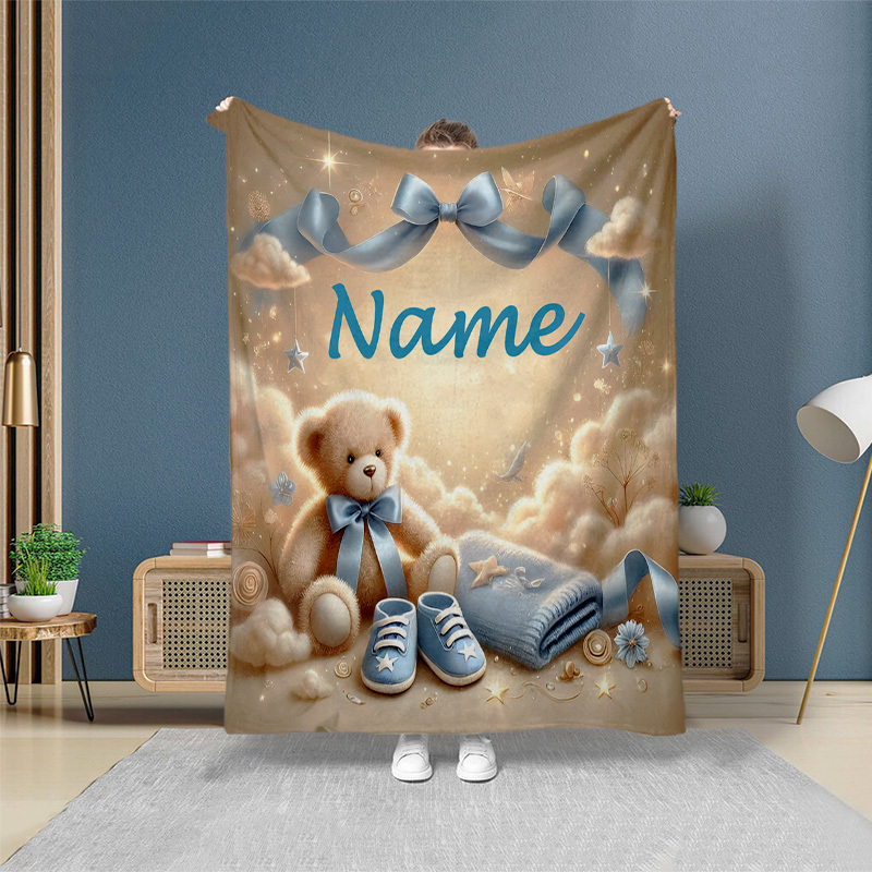 Custom Name Teddy Bear Throw Blanket, Lightweight Flannel