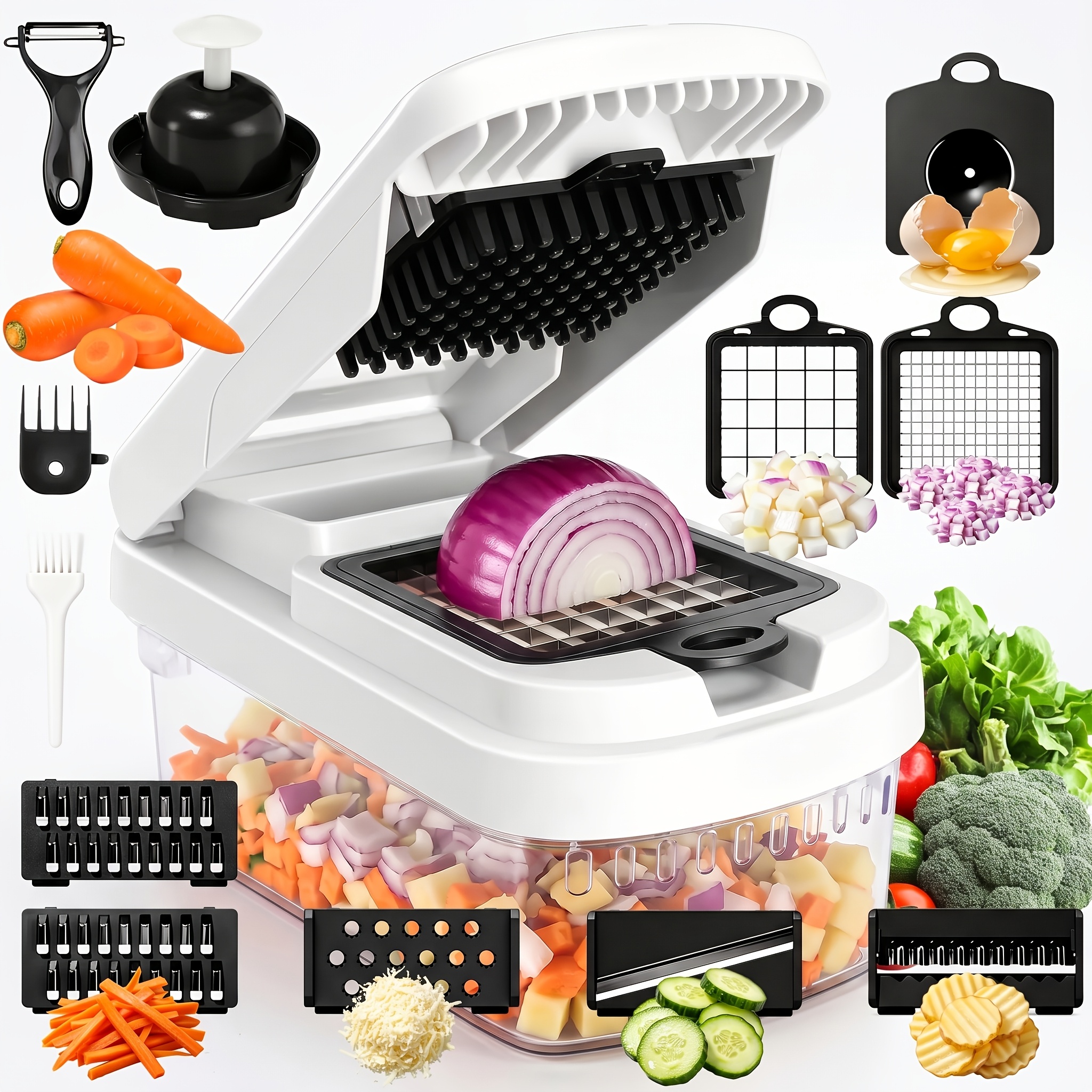 TEMU Outil de cuisine 15-en-1 Éplucheur d'aliments, légumes, salade, fruits, trancheuse à fruits, hachoir à aliments manuel, hachoir à oignons,