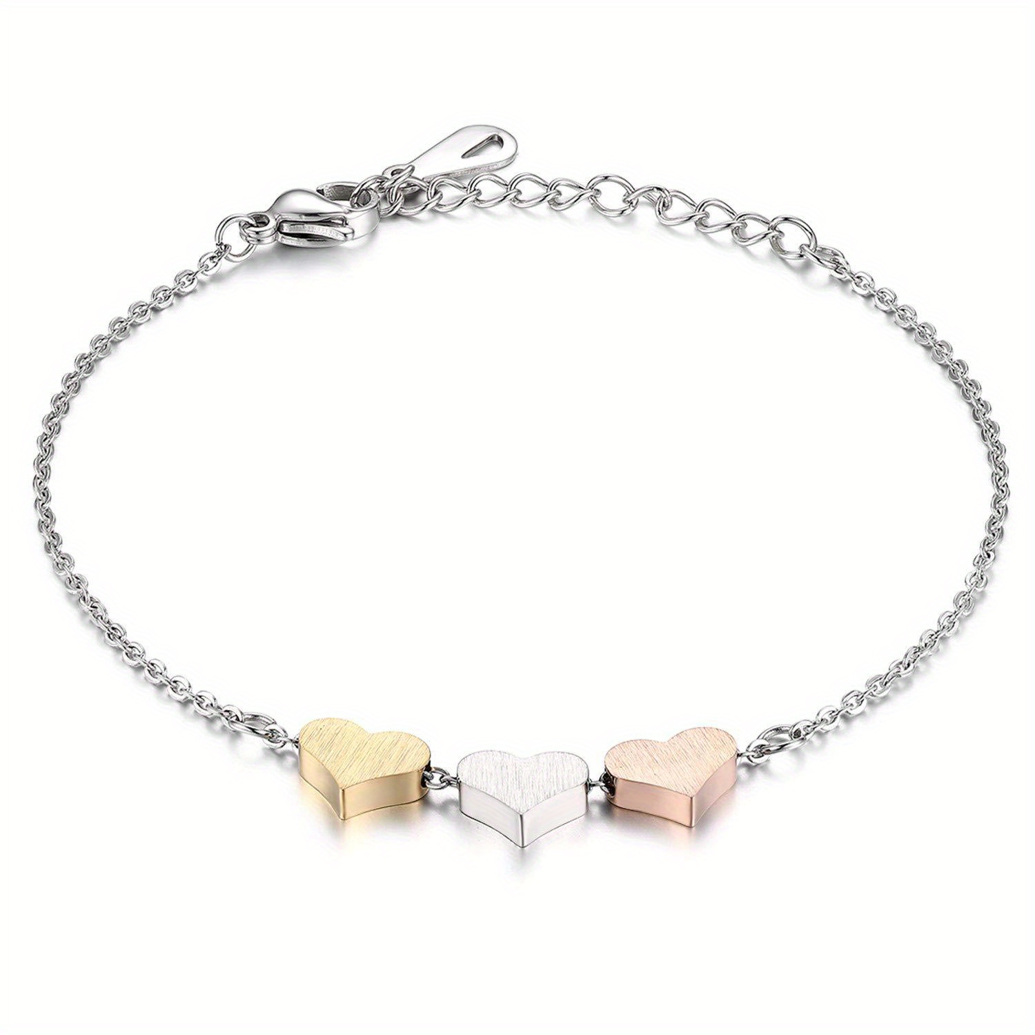 Image of Adjustable Stainless Steel Bracelet Anklet For Women Featuring Three-color Heart Charms, Perfect For Valentine's Day Or Birthday Gifts