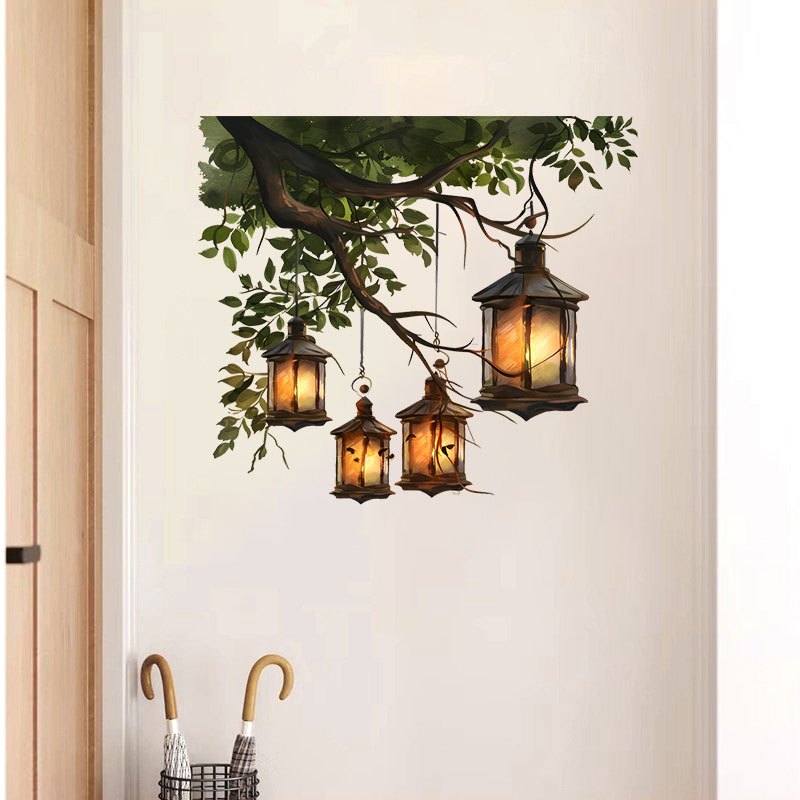 Image of 2pcs Hanging Lanterns On Tree Branch, Warm - Lit And Cozy Wall Sticker - Removable Pvc Sticker, Suitable For Living Room And Home Decoration, Suitable For Bedrooms, Bathrooms, And Kitchen Cabinets.