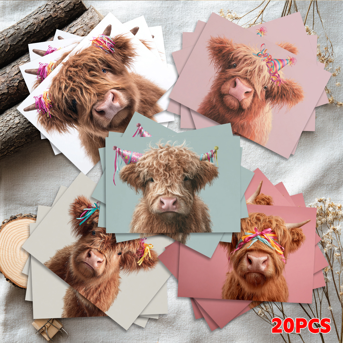 TEMU 20 stuks Verjaardagskaarten, Vakantiekaarten, Wenskaarten met Leuke Koeienkop Decoratie, Lint Feest Wenskaarten. Geschikt voor Vakantiewensen,