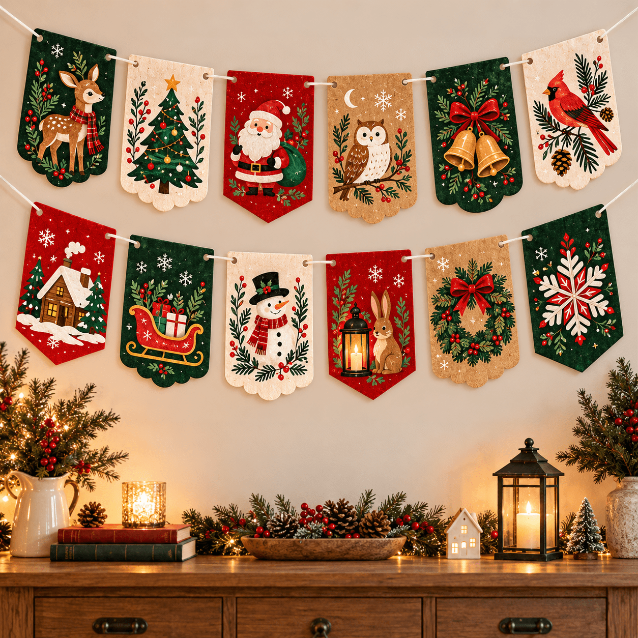 TEMU 2d Flat, 2d Flat, 12pcs Christmas Felt Banners, 2d Flat Printed Felt Flags, Christmas Party Decoration Supplies, White Rope String Design,