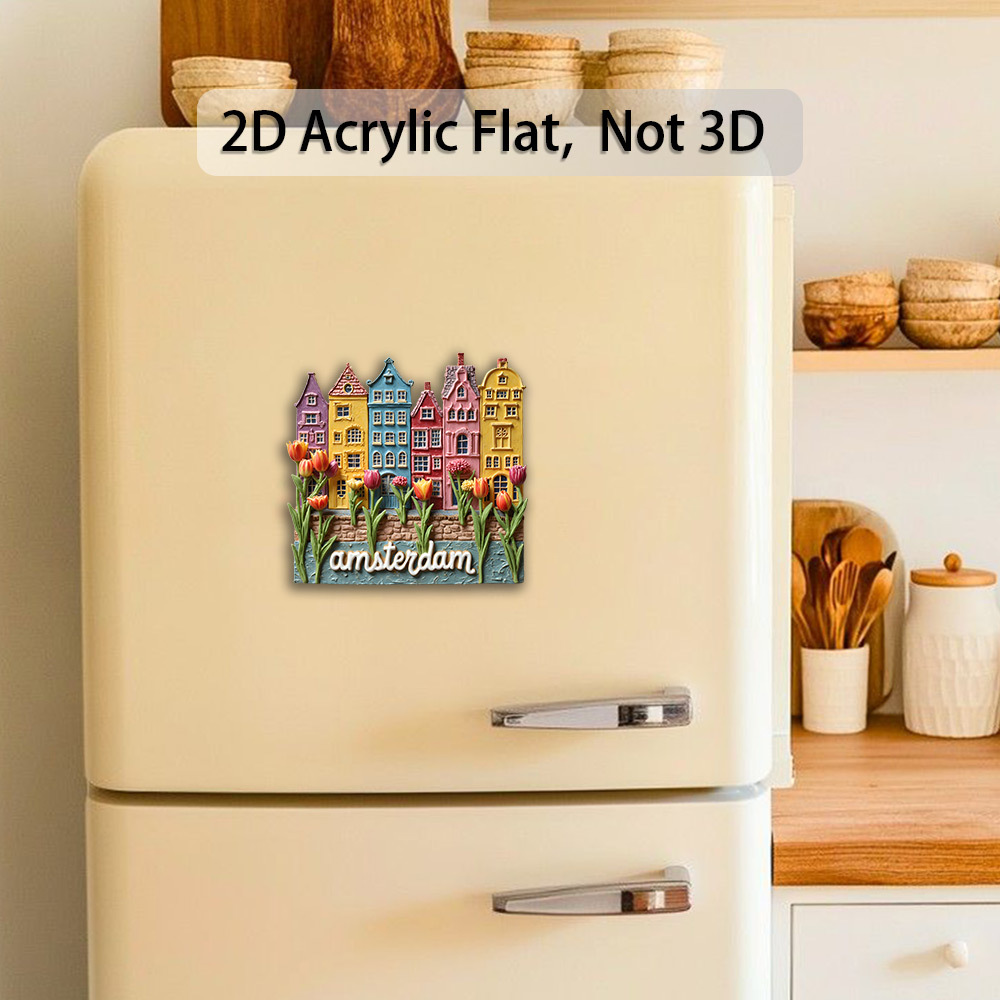 TEMU 2d Flat, 2d Flat 1pc Amsterdam, Netherlands Acrylic Dutch Town Scenery With Colorful European-style Buildings, Tulips, And 