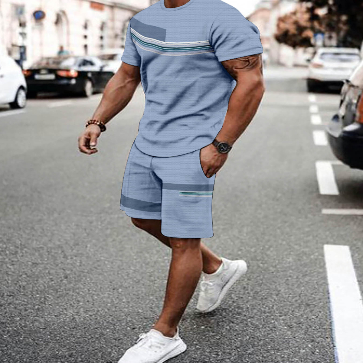 

1set Men's Summer Casual Sportswear Set, 3d Neck T-shirt And Shorts Outfit, Knit Fabric With Slight Stretch, Polyester And Spandex , Breathable Outdoor