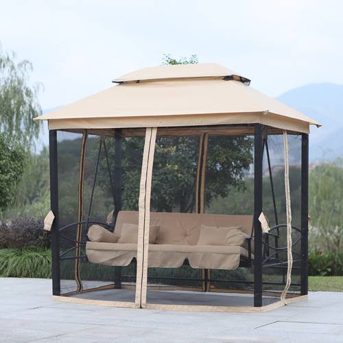 3 seat outdoor patio swing chair gazebo with double tier canopy mesh cushioned seats pillows convertible to hammock bed 660lb capacity beige labor day eid al outdoor patio chairs versatile outdoor furniture tufted durable gazebo