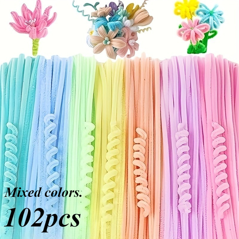 TEMU 102pcs Mixed Colors Macaron-colored Soft Plush Sticks With Pastel Gradient, Suitable For Handcraft , Floral Decoration, And Craft Material