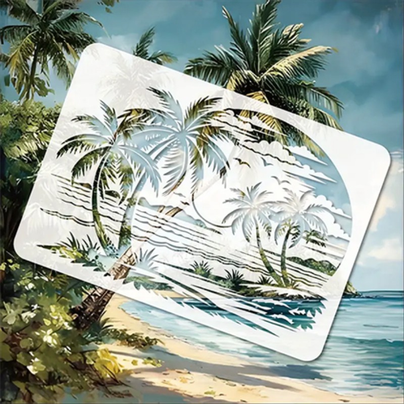 TEMU A Reusable Plastic Beach Scene Template Measuring 11.8x8.3 Inches - Featuring A Tropical Coconut Tree And Seagull Design, Suitable For Wall Art,