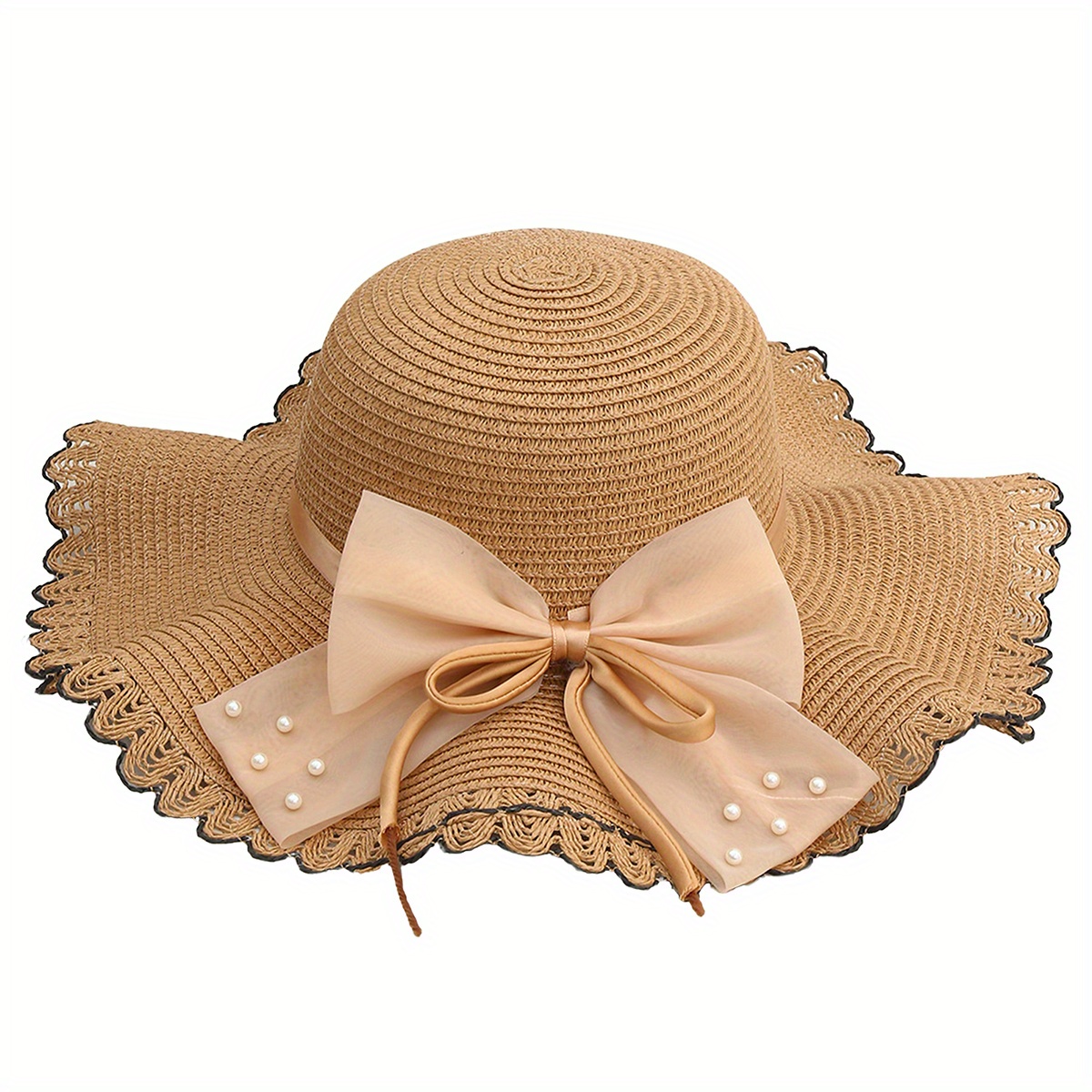 women summer straw sun hat wide brim pearl big bow decor - Temu display picture 1