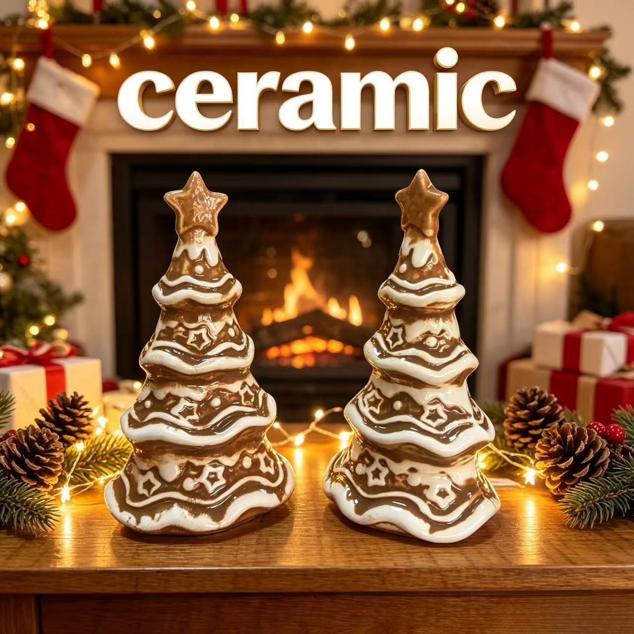 TEMU Collectible Figurines 2pcs Set Ceramic Christmas Tree Figurines Gingerbread Icing Style Xmas Tabletop Mantel Shelf Decor Festive Holiday