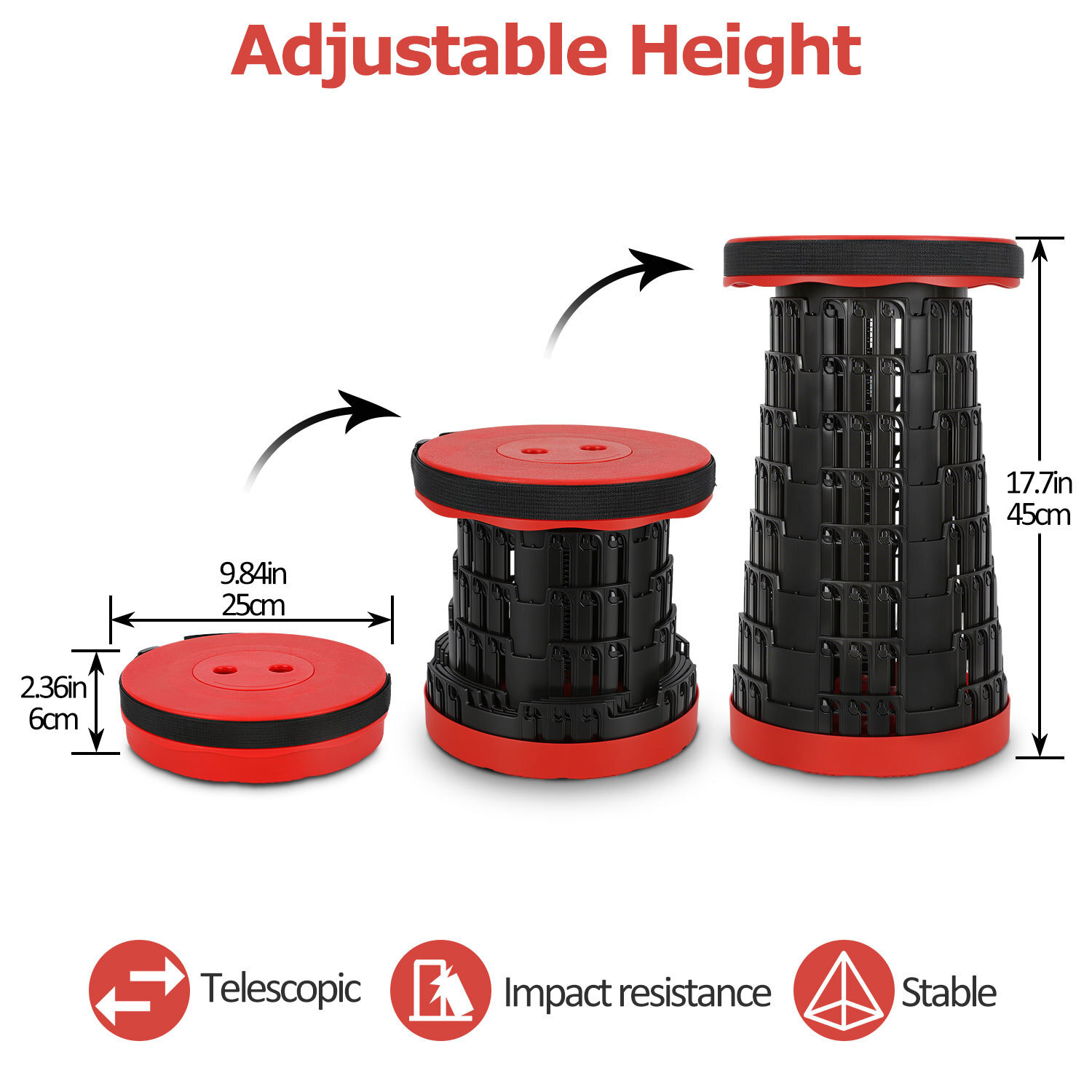 Image of 1/2x Folding Stool Height Adjustable Portable Kitchen Stool Space Mini Stool Max.150kg Black Blue Red