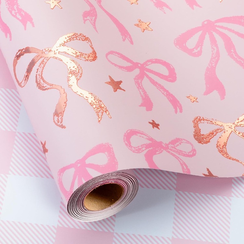 1  foil bow wrapping paper pink and golden glitter bow with plaid design and heart cutout elegant   gift wrapping suitable for birthdays baby showers weddings valentines day christmas 19 69 x 27 56 inches 19   27 56