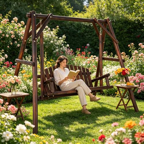 6 5ft solid wood swing set swing chair carbonized color 600lbs antique style