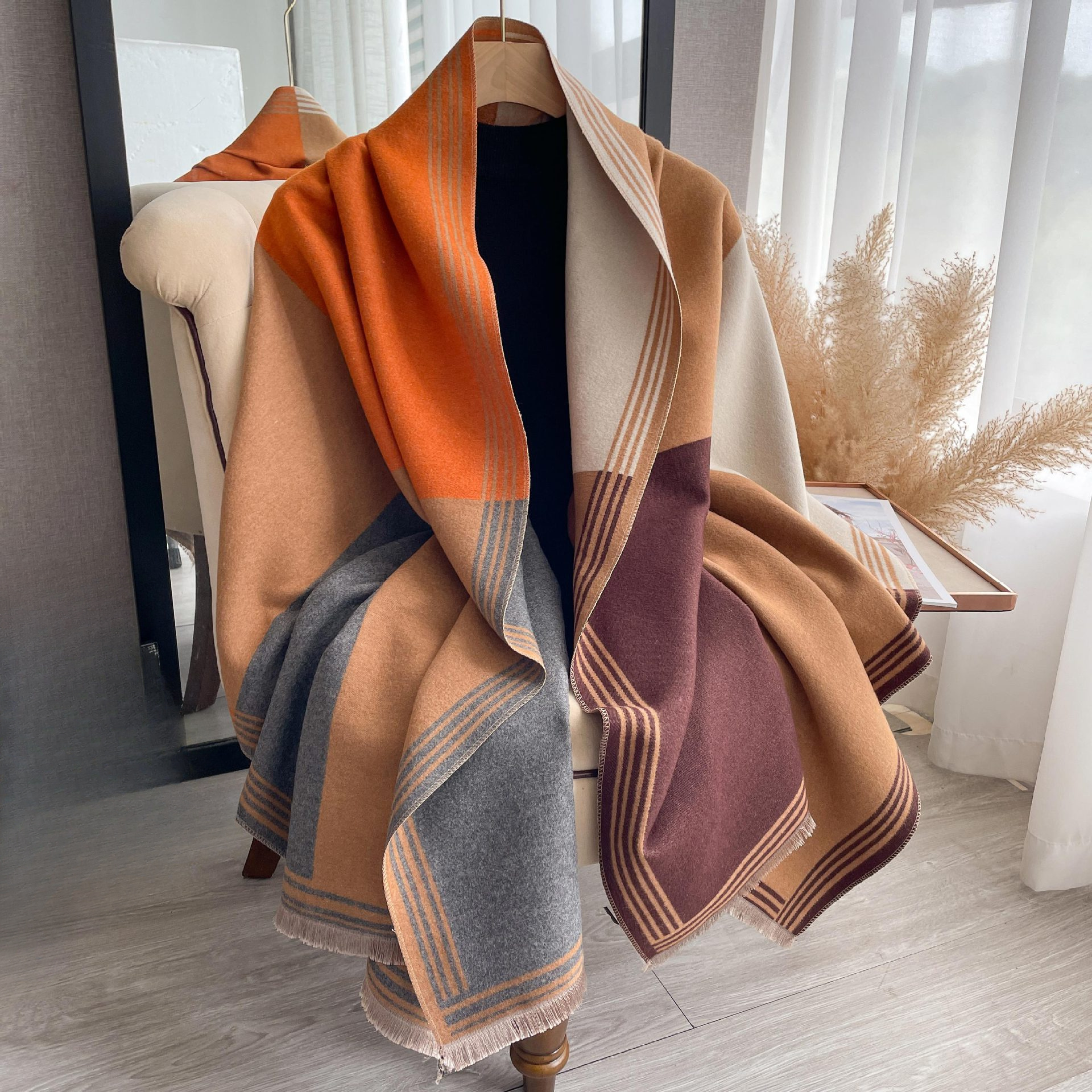 

Stylish Winter Women's Geometric Splicing Scarf - Warm & Versatile Shawl In Orange, Beige & Gray Stripes, Soft Polyester Material For Fall & Winter, Hand Wash Or , Casual & Formal