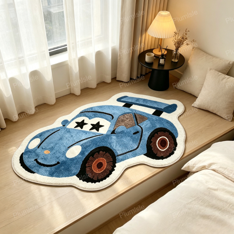 TEMU Velvet 900g 9mm 1pc Cartoon Car Irregular Bedroom Bedside Carpet Area Entertainment Zone Reading Corner Mat Car-shaped Living Room Sofa Side