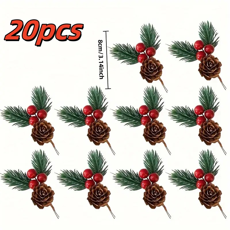 TEMU 20pcs Artificial Pine Cone Set With Needles, Featuring A Design Of Faux Pine Cones And Red Berries, For Home Floral Arrangement Decor, Christmas