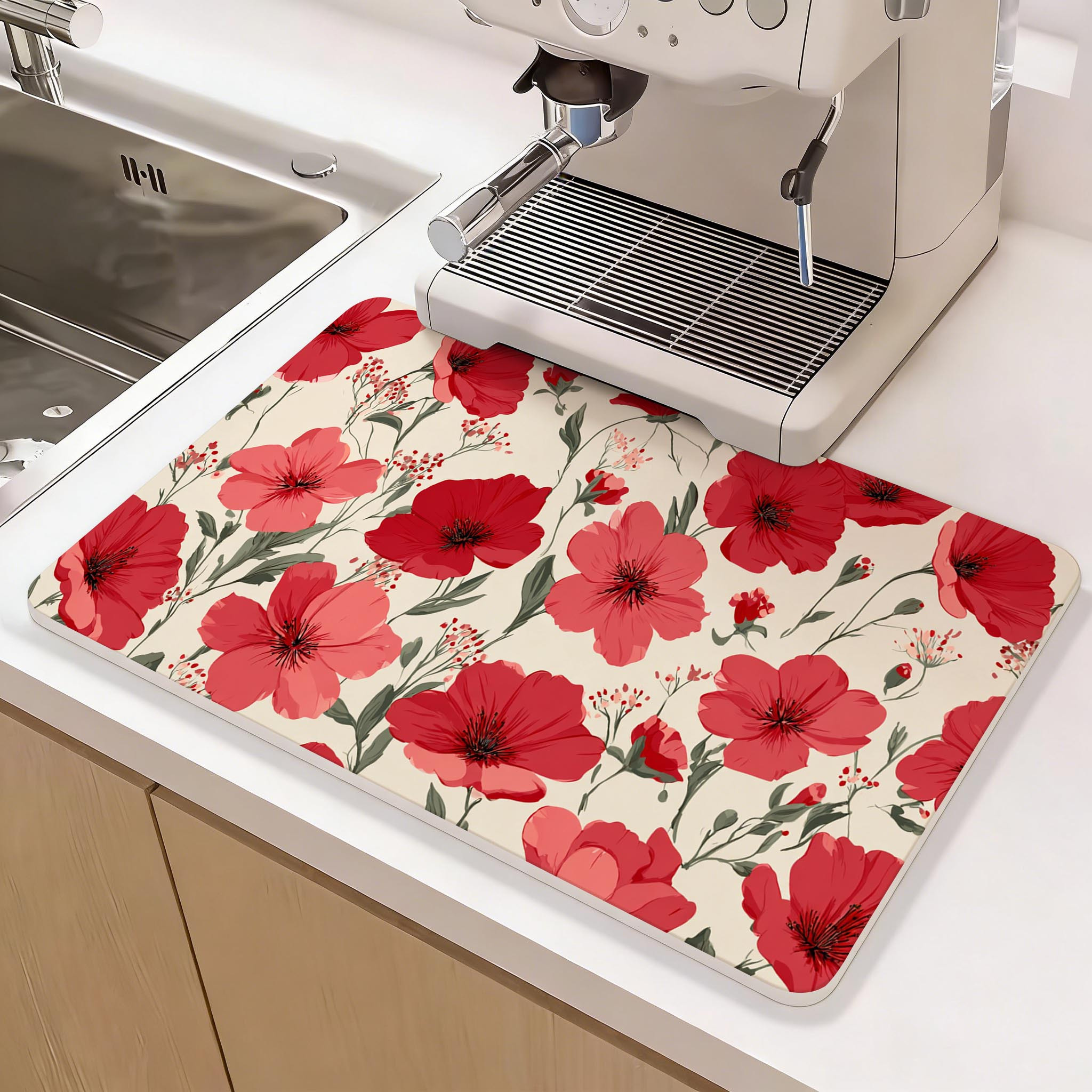 TEMU 1pc Dish Drying Mat, Kitchen Mat, Coffee Mat - Countertop Dish Drying Mat With Red And White Full-coverage Floral And Branch Leaf Pattern,