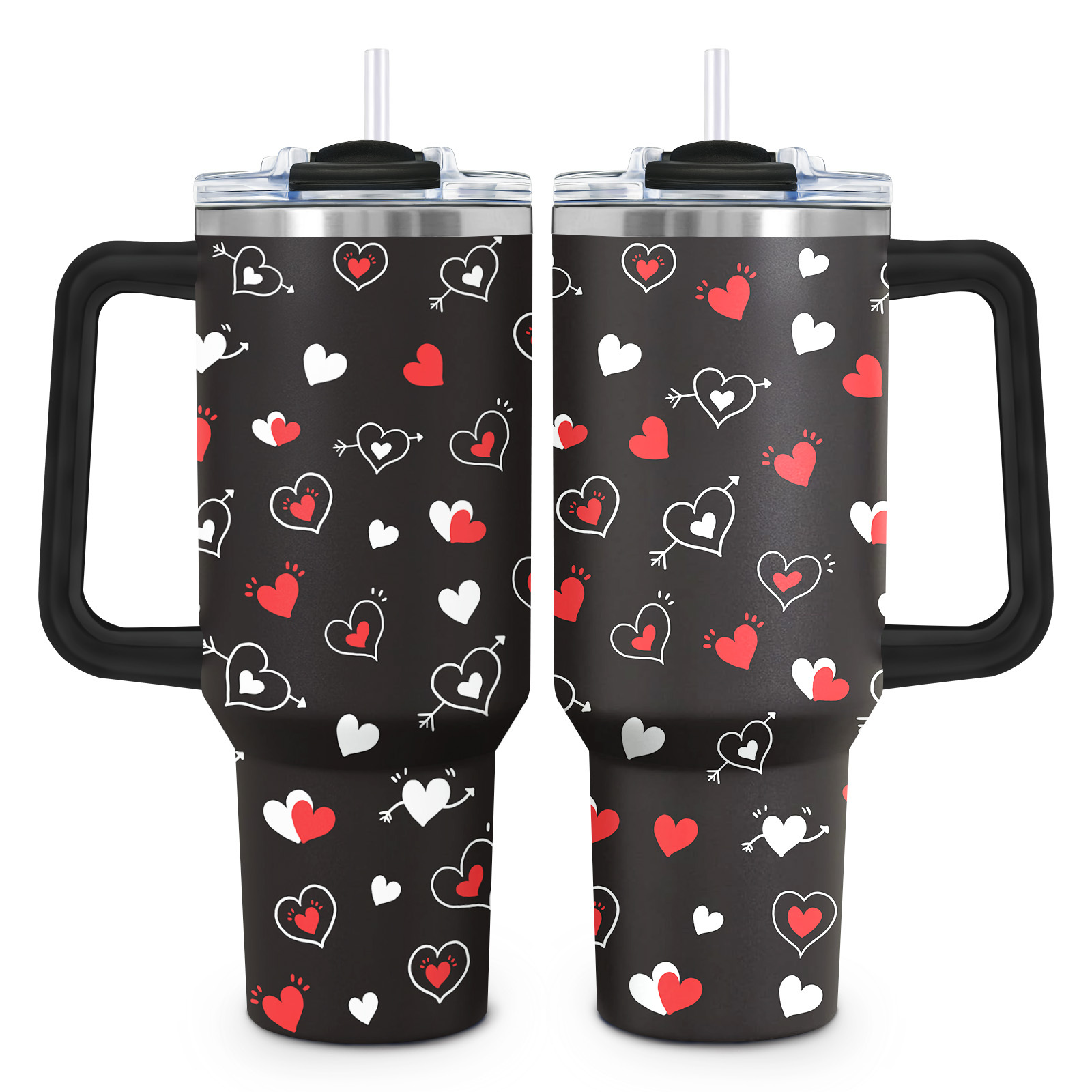 

40oz Stainless Steel Hearts Design - Insulated Travel Mug With Lid & Handle, Valentine's Day, Christmas, Day Gifts