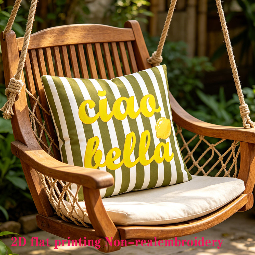 TEMU Housse de coussin 2D Plate - 1pc , et Blanc à Rayures avec Italienne " Bella" et Imprimé Citron, Housse de Coussin 2D Imprimée en Polyester