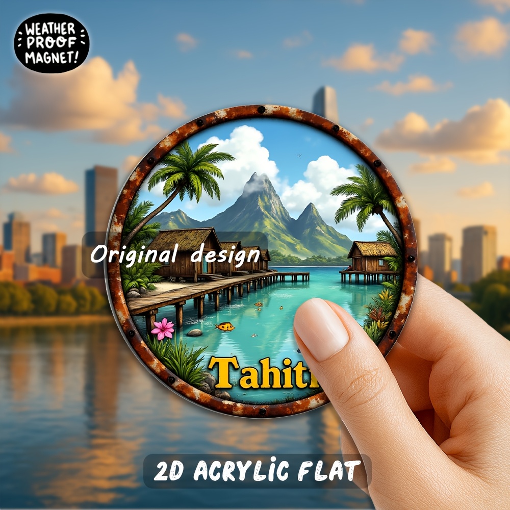 TEMU Aimant 1 pièce Tahitien Polynésie Française - Aimants de réfrigérateur d'île adaptés à la décoration de cuisine, motif et jetée avec paysage de