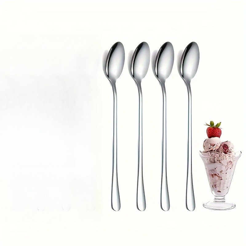 TEMU 4pcs Stainless Steel Long Handle Ice Tea Spoon, Coffee Spoon, Ice Cream Stirring Spoon, Dishwasher Safe, Kitchen Accessories, Flatware Set