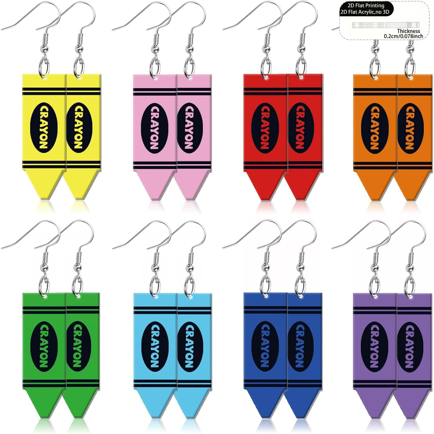 TEMU 8 Pairs Of Colorful Crayon Acrylic Drop Earrings, Mini Cartoon Crayon Print Dangle Earrings, Cute Teacher's Day Gift, Trendy Back-to-school