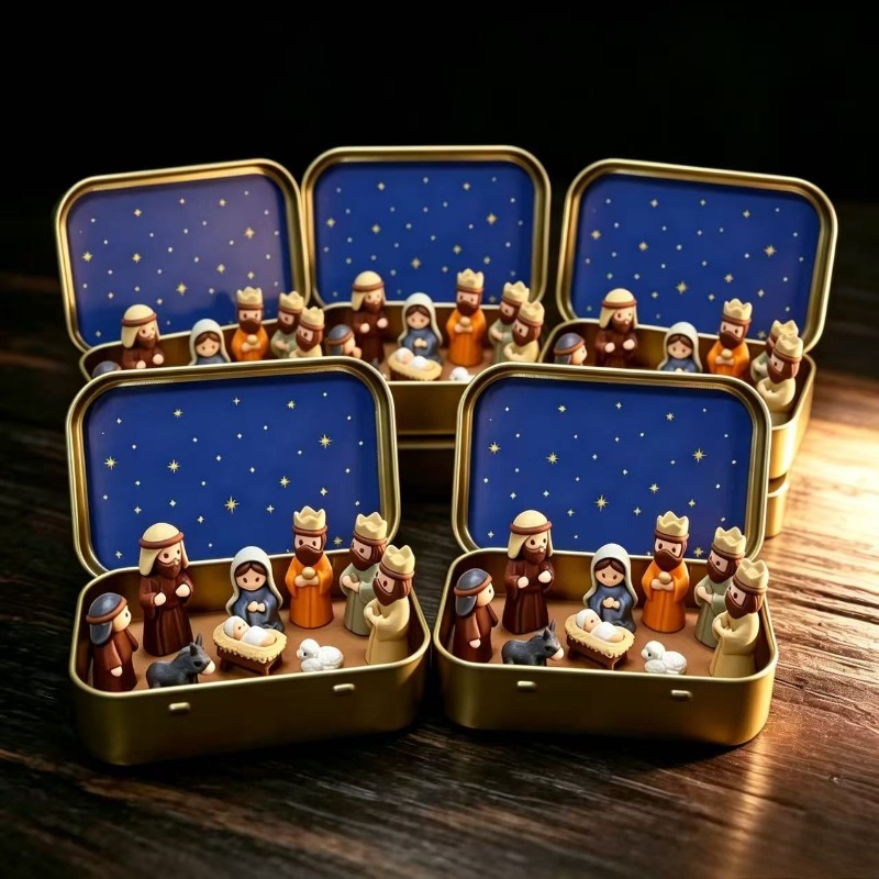 item picture 5pcs handmade mini christmas pony set box set portable pocket size birth scene   mary shepherd and animal statues hand painted suitable for gift  