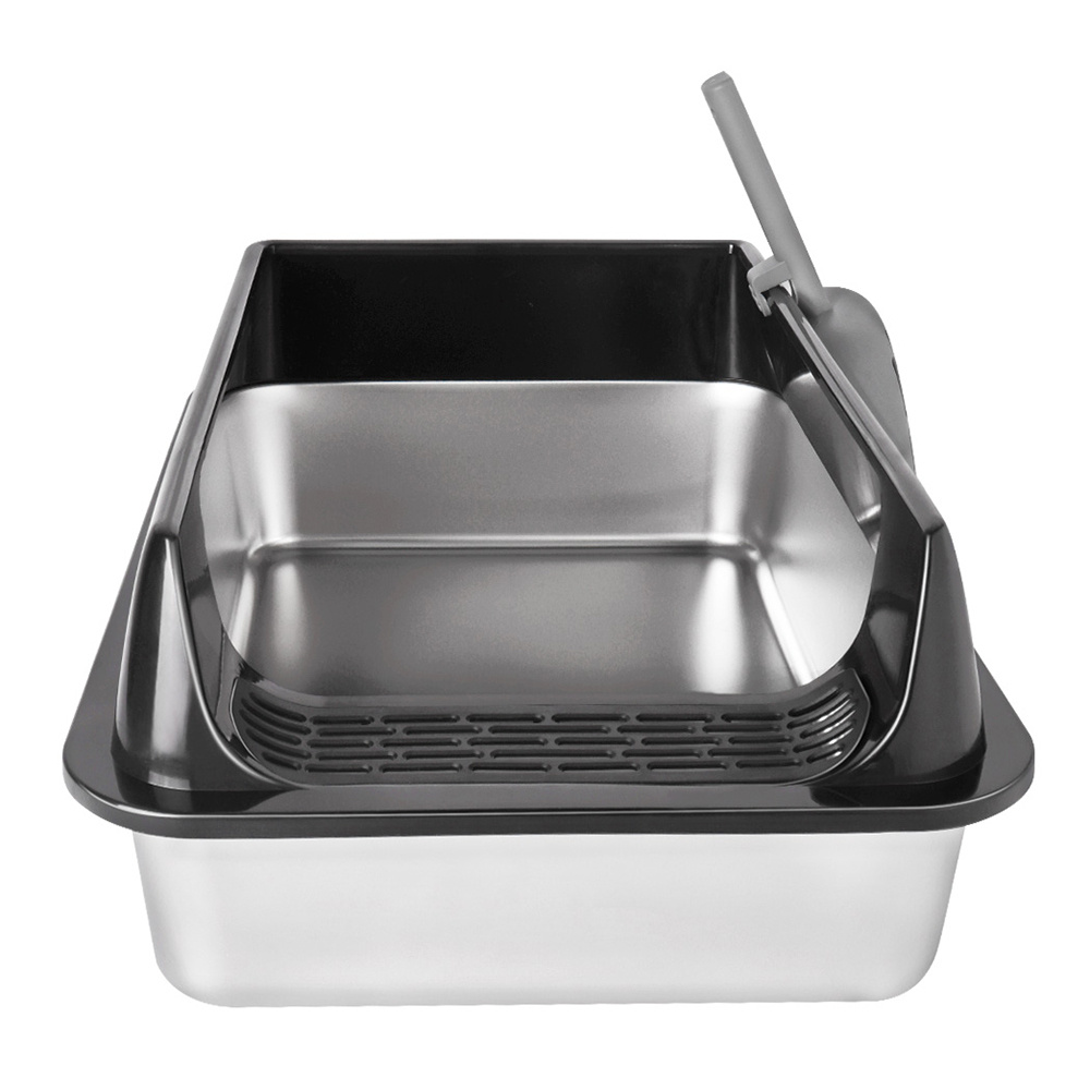Image of Stainless Steel Cat Litter Box, Easy To Clean, 50 X 35 X 20cm, In Gray And Black.
