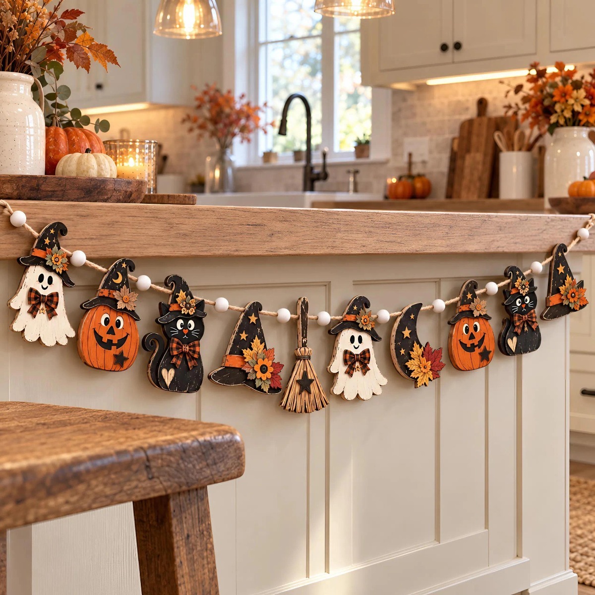 TEMU 1 Ensemble Guirlande d'Halloween en Bois Citrouille Chapeau de Sorcière Balai Lune Motif Floral Perles Bannière Suspendue pour Cheminée
