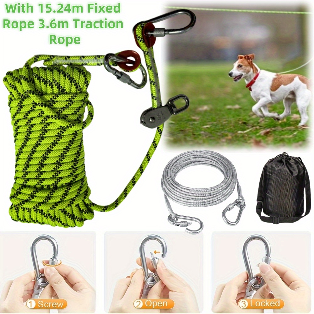 Image of Bedee Dog Traction Rope With 15.24m Fixed Rope & 3.6m Adjustable Traction Rope - Durable Metal Clips, Ergonomic Handle For Small To Large Dogs, , Camping, Yard Work, Dog Leash, Sturdy Metal Clips