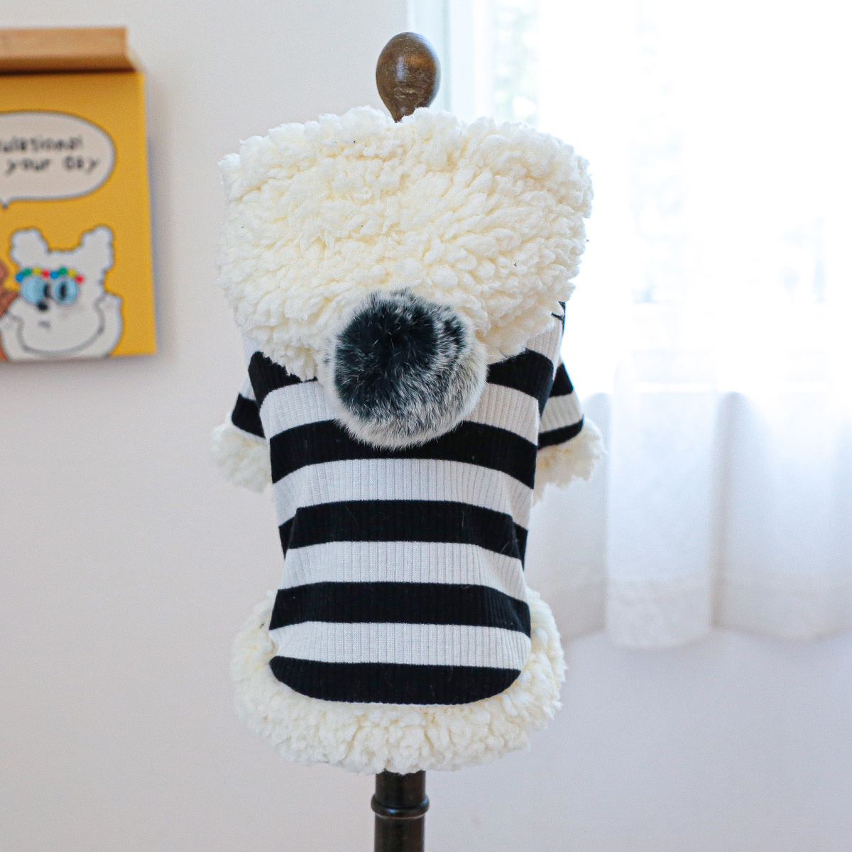 plushball hooded pet sweatshirt black and white striped lined dog clothes teddy chihuahua   winter warm pullover Product details 5