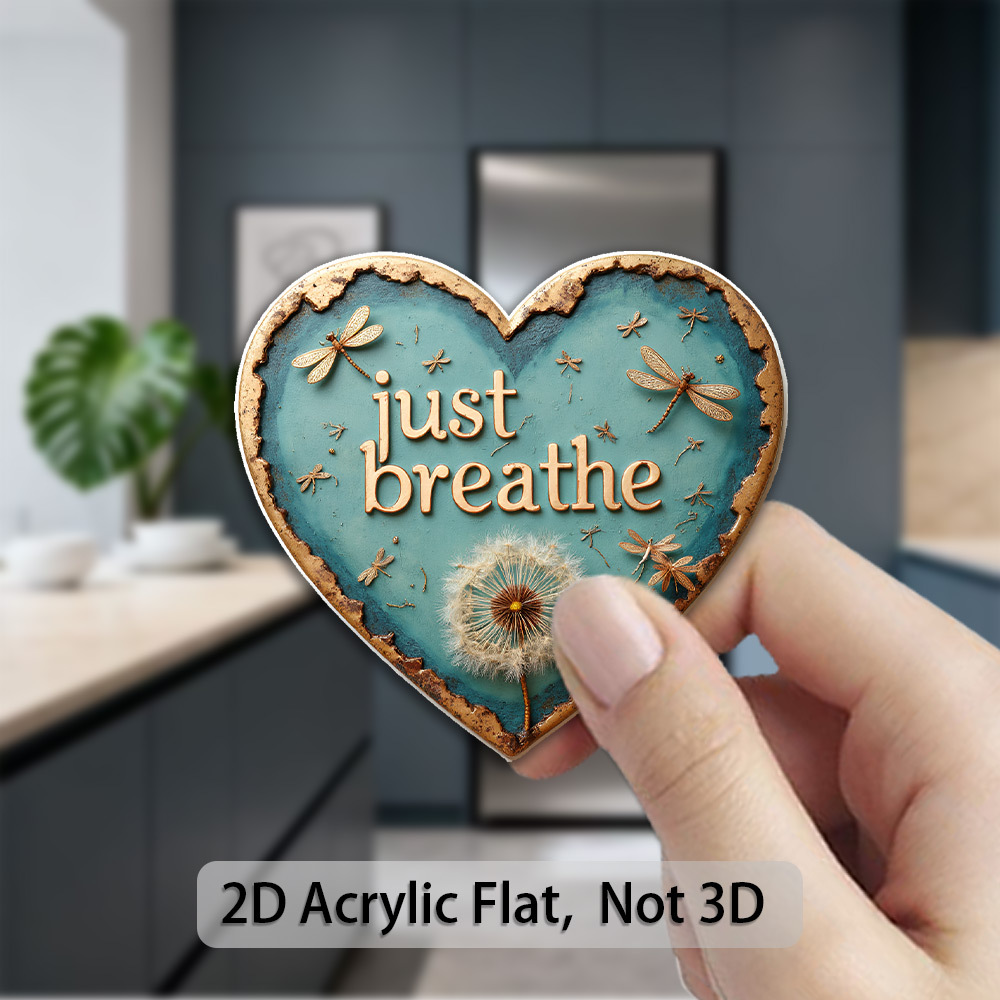 TEMU 2d Flat, 1 Acrylic Fridge Magnet, Reusable, Just Breathe Distressed Teal Wall Art- Vintage Dandelion& Whimsical Dragonflies , , Father's Day&