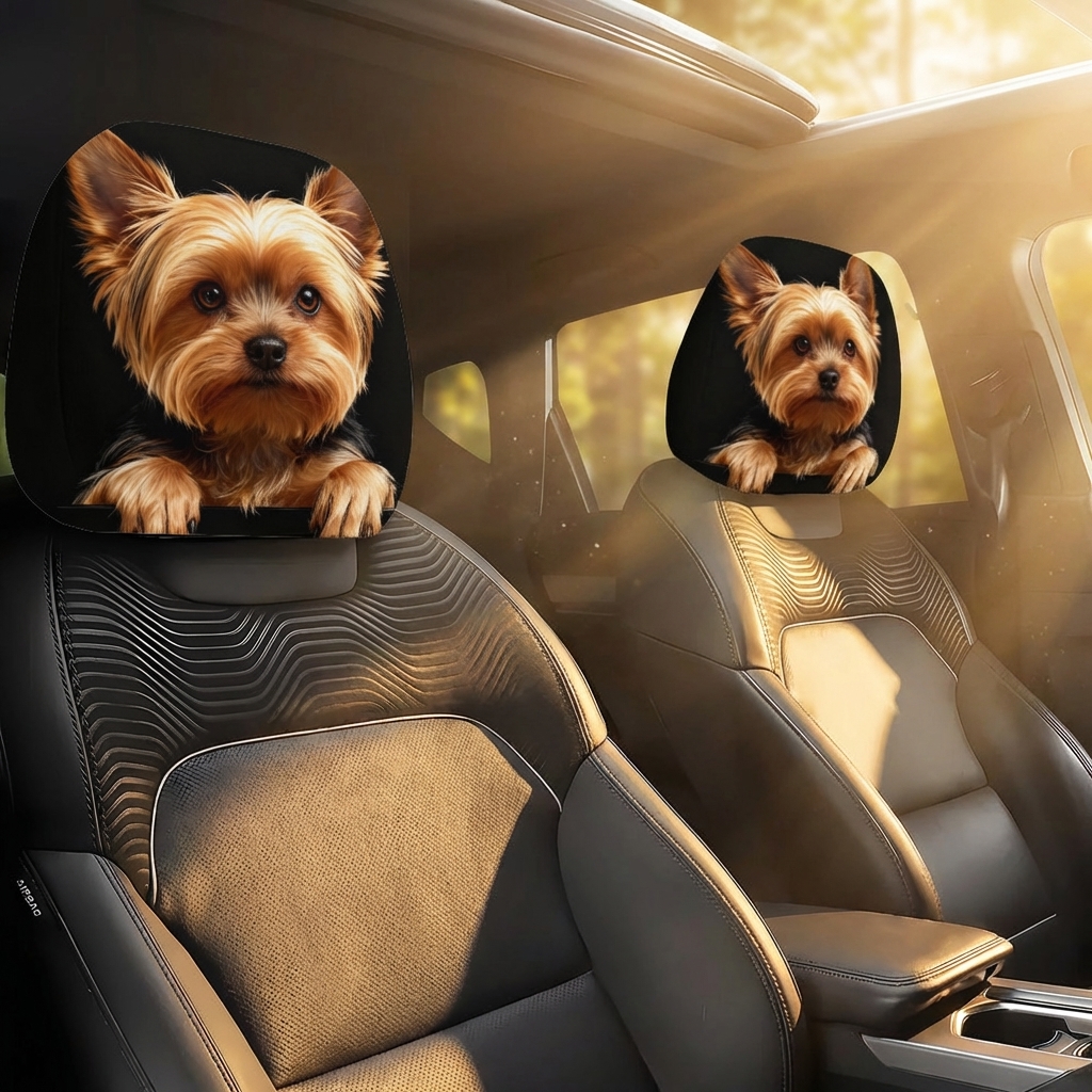 TEMU ヨークシャーテリアのかわいい犬プリント 車用ヘッドピローケース 2点セット、トレンディで面白い車用ヘッドピローケース、装着・洗濯が簡単、自動車での旅行、長距離運転、毎日の通勤など様々なシーンに最適