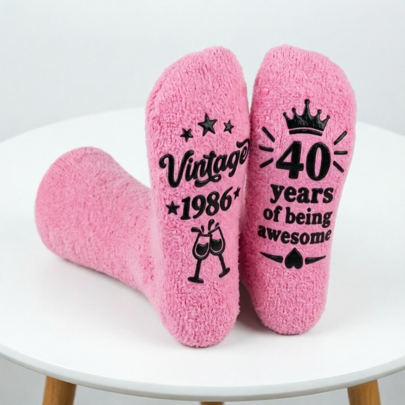 TEMU 1 Pair Of Women's 1986 Vintage 40th Birthday Pink Plush Socks, Printed With "vintage 1986" And " Of Being Awesome" Slogans. Soft And Warm Socks.