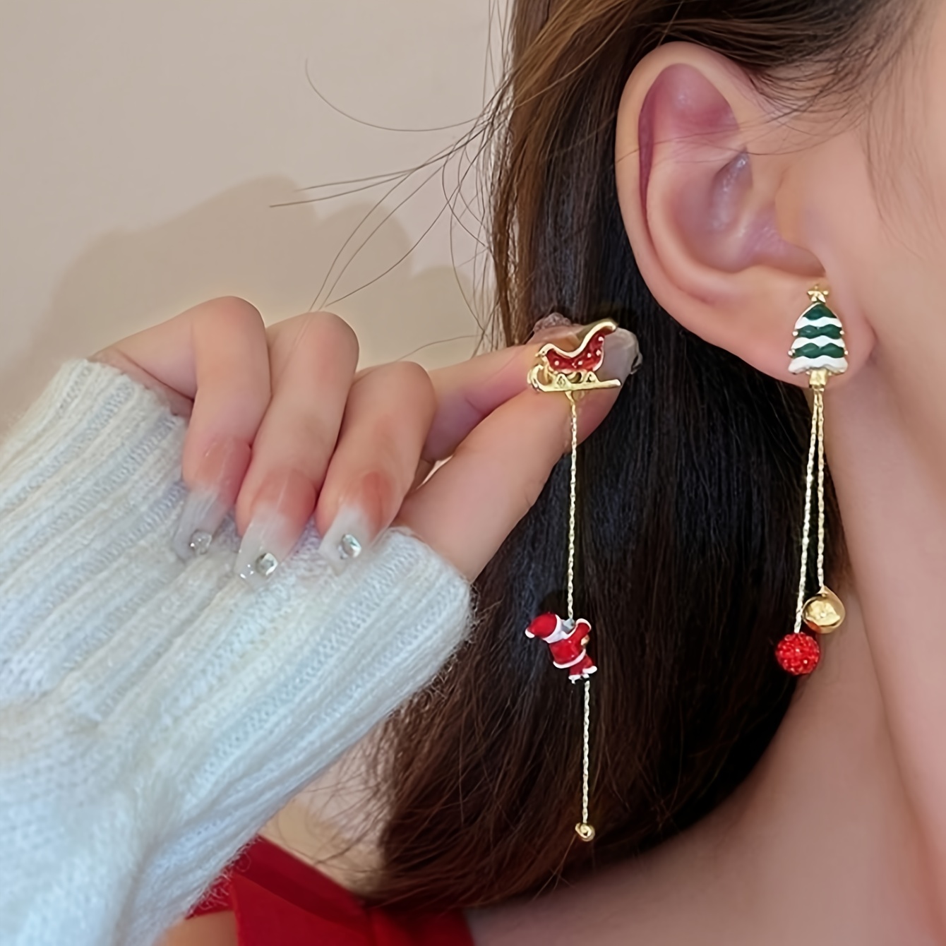 TEMU 2pcs Women's Asymmetrical Christmas Pendant Earrings, Long Elegant Unique Snowflake Tassel Drop Earrings