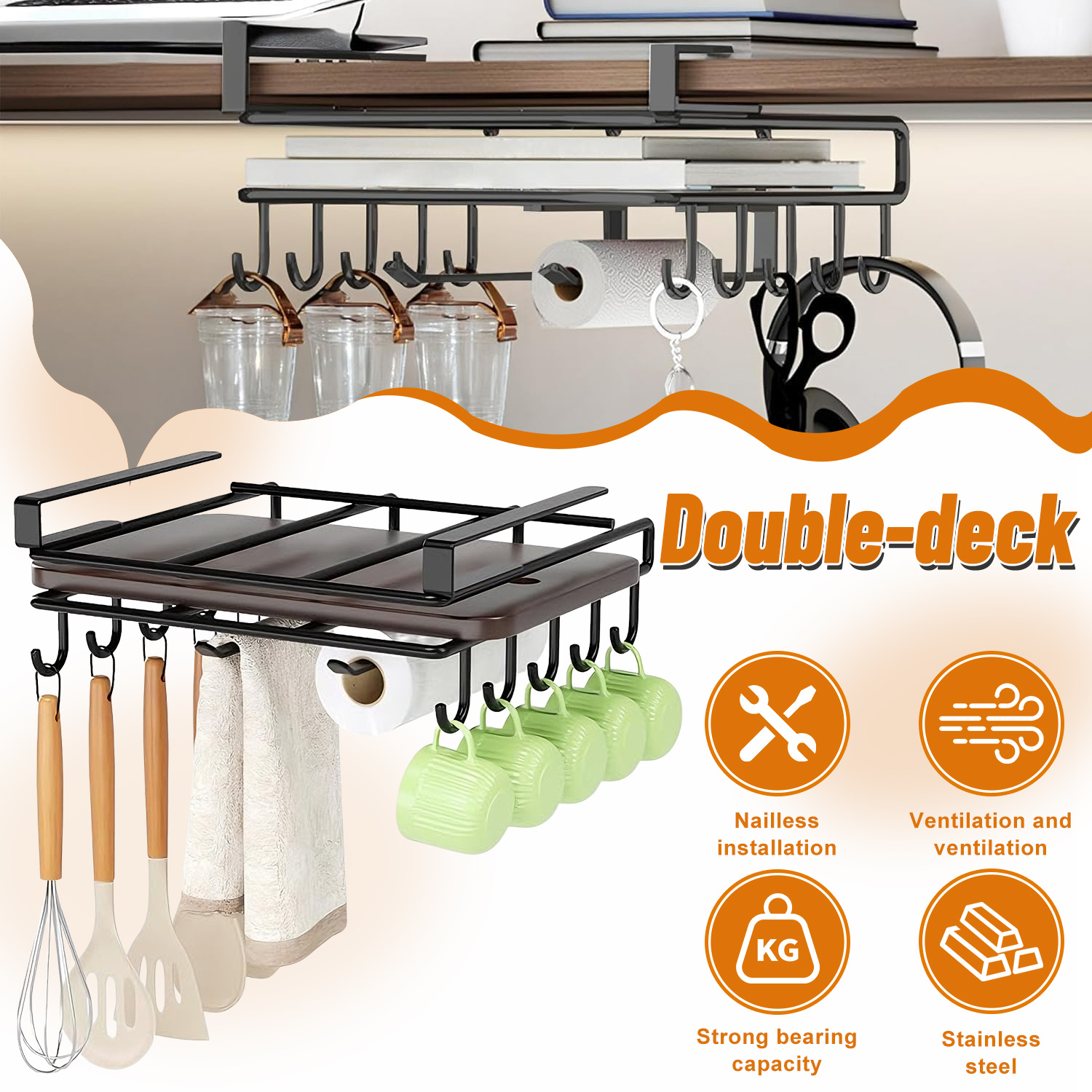 TEMU 1pc Punch-free Installation Kitchen Storage Rack With Hook, Double-deck, Cutting Board, Lid Holder With Cabinet Door Hooks, Effortless Organizer