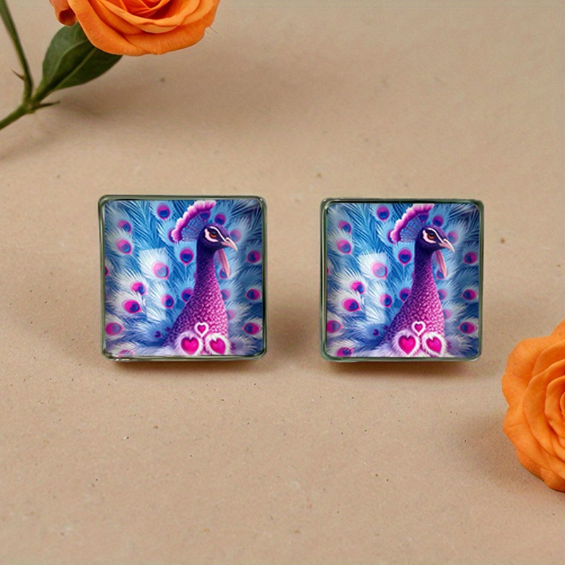2Pairs Peacock Pattern Square Stud Earrings, Fashion Glass Cabochon