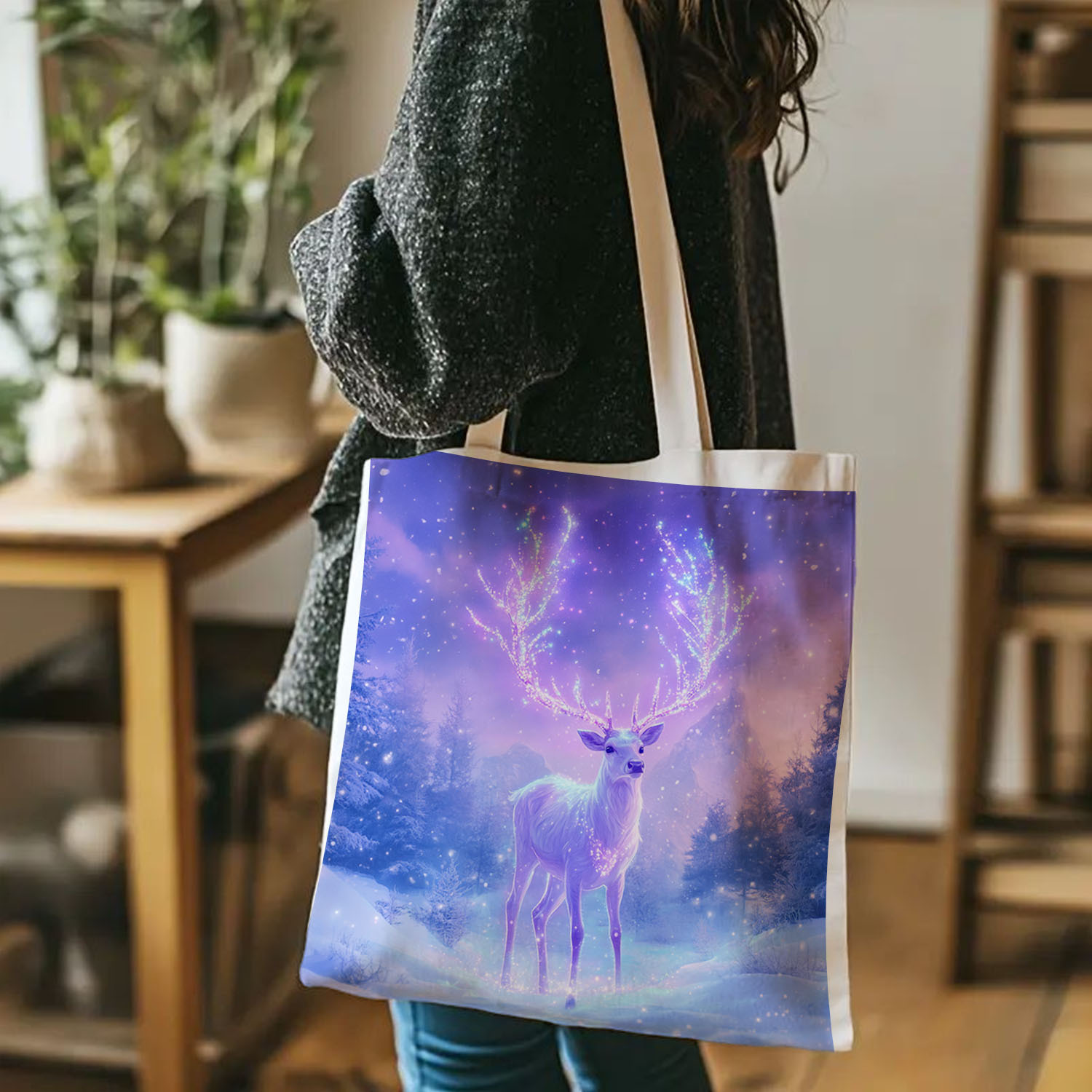 惊人的麋鹿帆布手提袋 14x18 英寸 - 北欧风格，轻便耐用，大容量单肩包，带有生动的宇宙鹿设计，可折叠易于清洁，非常适合通勤、购物、旅行、鹿手提包 0
