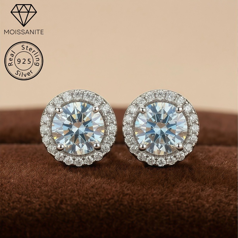 Women's Light Blue Round Moissanite Stud Earrings, Wedding Gift