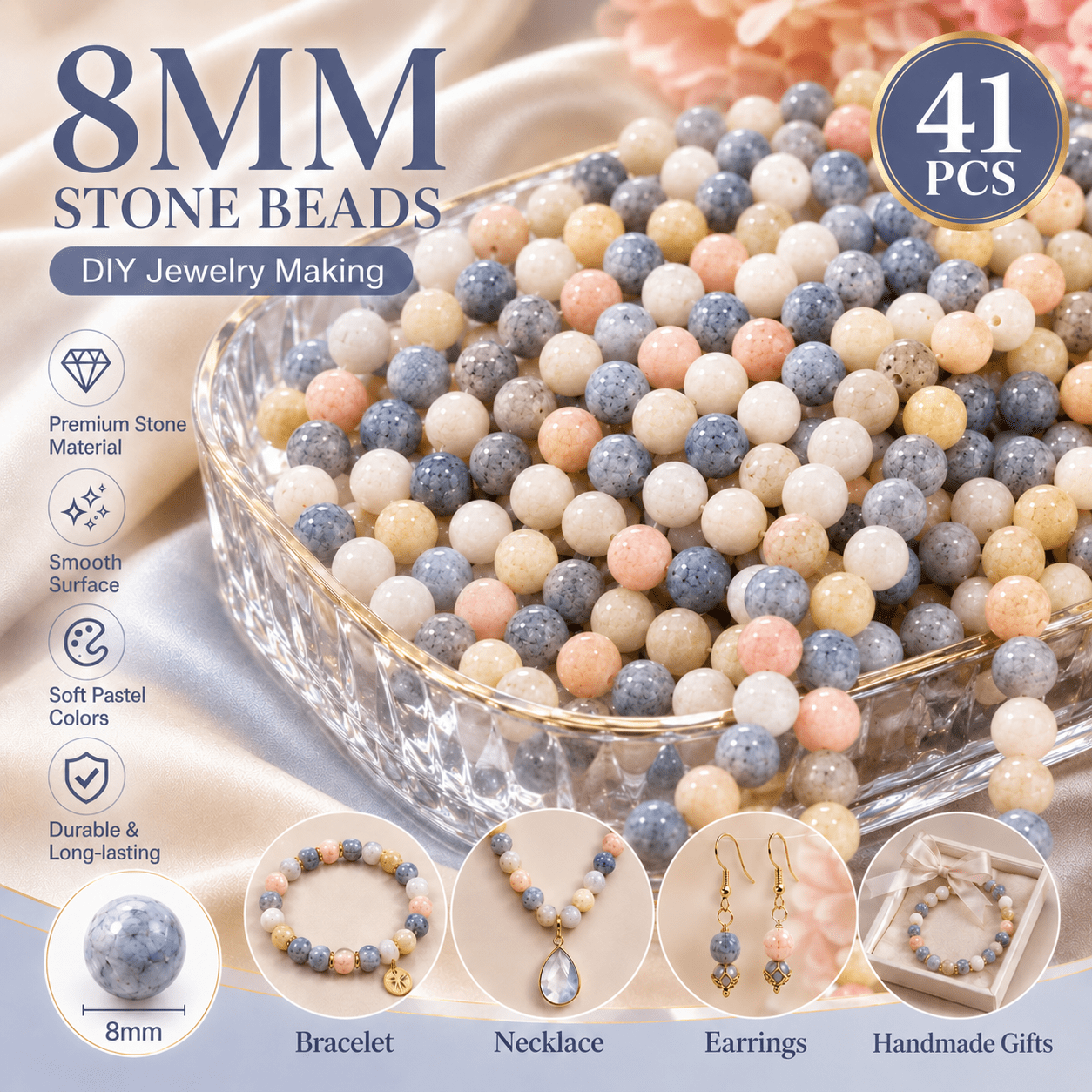 TEMU 41pcs Morandi Gray-blue-pink Tone Mixed Color 8mm Round Beads, Low Mottled Multicolor Texture Loose Beads, Matte Soft Texture Pierced Beads,