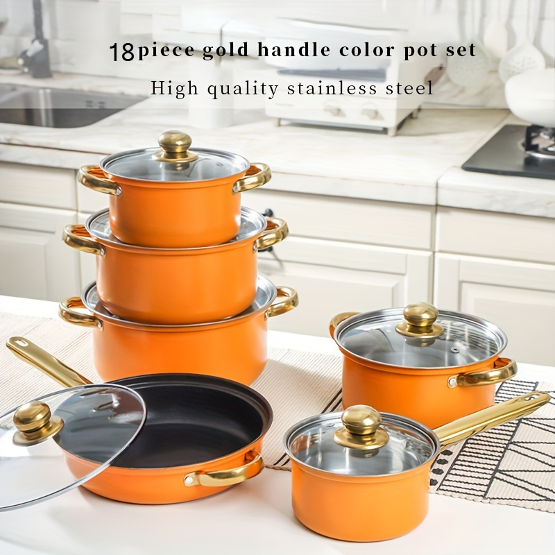 18  stainless steel cookware set with non stick pots golden handles utensils ideal for steaming frying boiling essential kitchen gear thick cooking utensils details 11