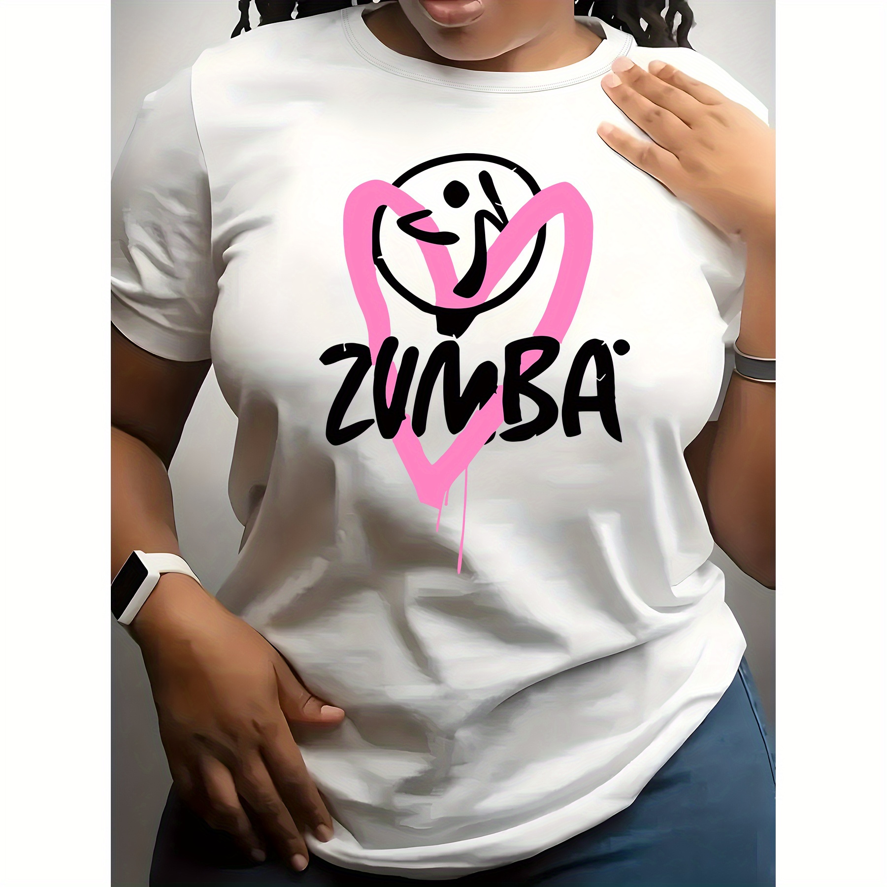 

Women's Zumba Heart Graphic T-shirt - Casual Black Polyester Tee With Pink Splatter Design, Round Neck Short Sleeve, Machine Washable For Spring/summer, Casual Wear Tee|sporty |stretchable Material