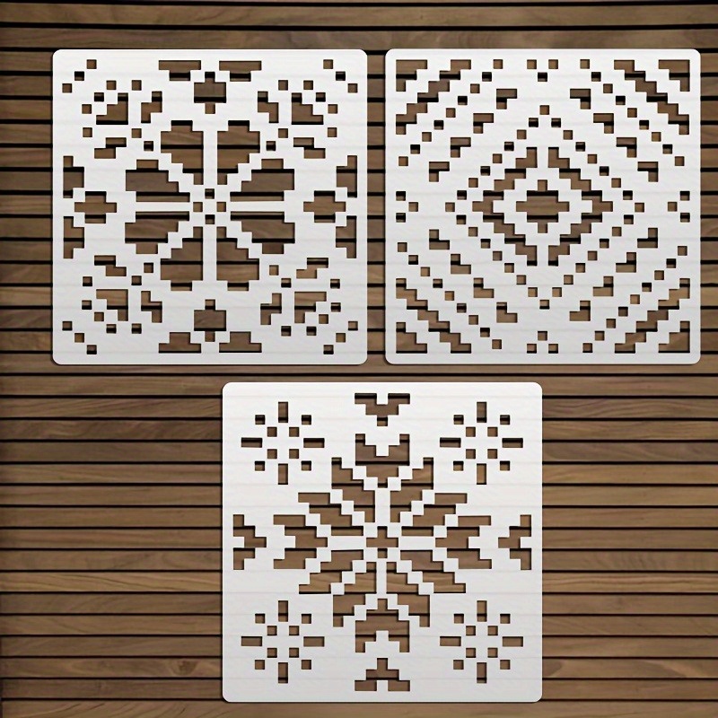 E-shop 3 Stück Ethnische Muster Schablonen, Wiederholende Kreuzstich Stickmuster, 15 cm (6-Zoll) Robuste Off-Weiß PET Bastelschablonen - für