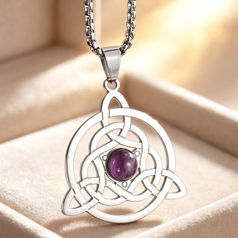 TEMU Stainless Steel Celtic Knot Purple Gemstone Pendant Necklace For Men Women Fashion Charm Amulet Jewelry Gift