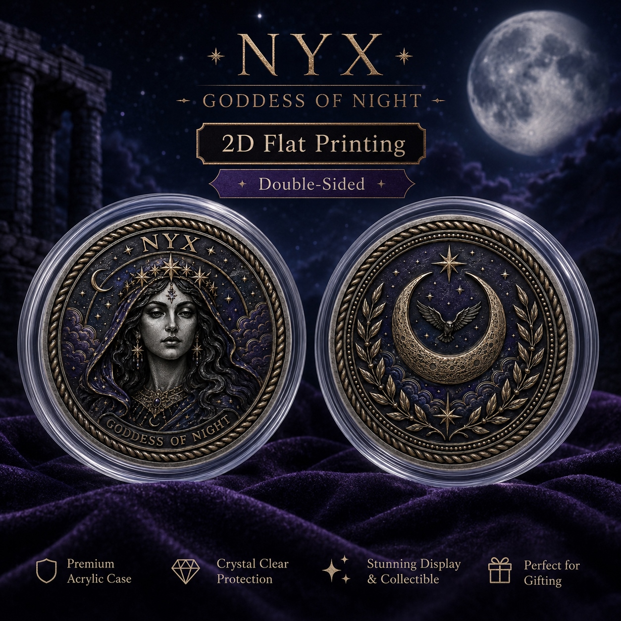 TEMU Pièce 1 pièce, Impression Plate 2D, Pièce Commémorative Nyx en Métal Double Face, Pièce de et de Décision Décorative Déesse de la Nuit Croissant