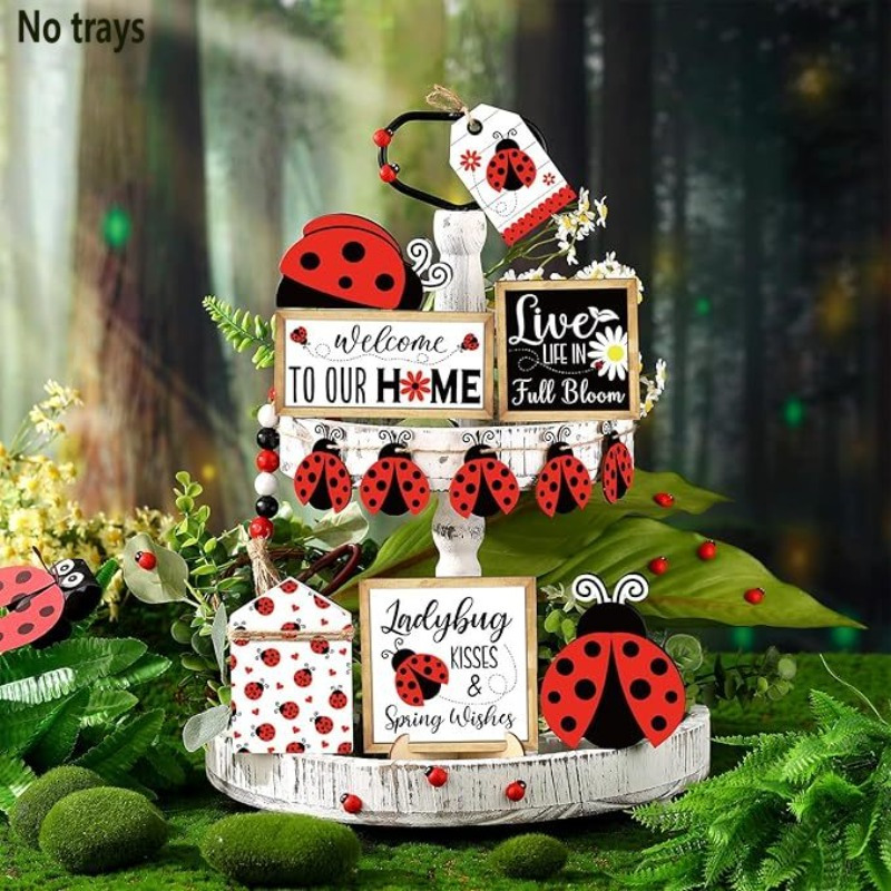 

13pcs Spring Decor Set With Ladybug - Rustic Tiered Tray Decorations, "welcome To " & More Signs, Indoor/outdoor Use, Wooden Table Centerpiece For Dining & Home Decor, Ladybug Outdoor Decor