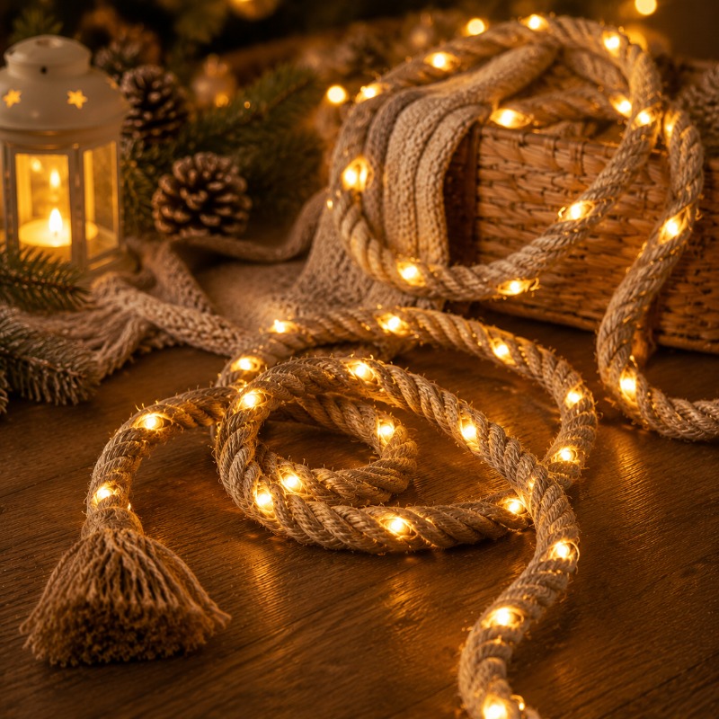 TEMU 1pc Ultra-long 200/300cm Retro Hemp Rope Led String Lights, Suitable For Bedroom, Living Room, Party Decoration, Decor, Indoor Decoration, Craft