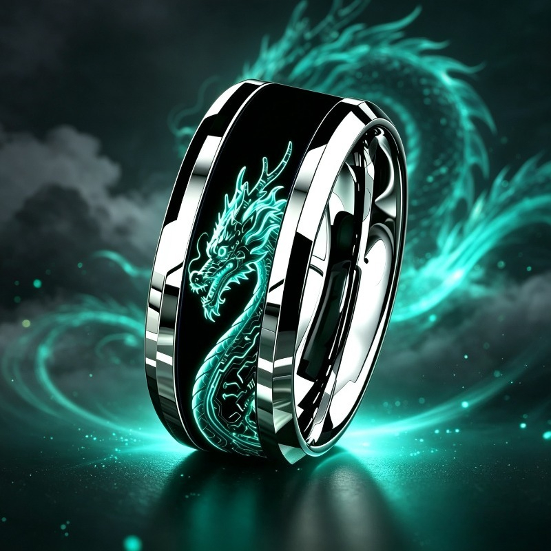 TEMU 304l 304l 304l Stainless Steel Cyber Luminous Azure Dragon Ring, Tech Style Circuit Texture Luminous Chinese Dragon Print Band, Trendy Cool