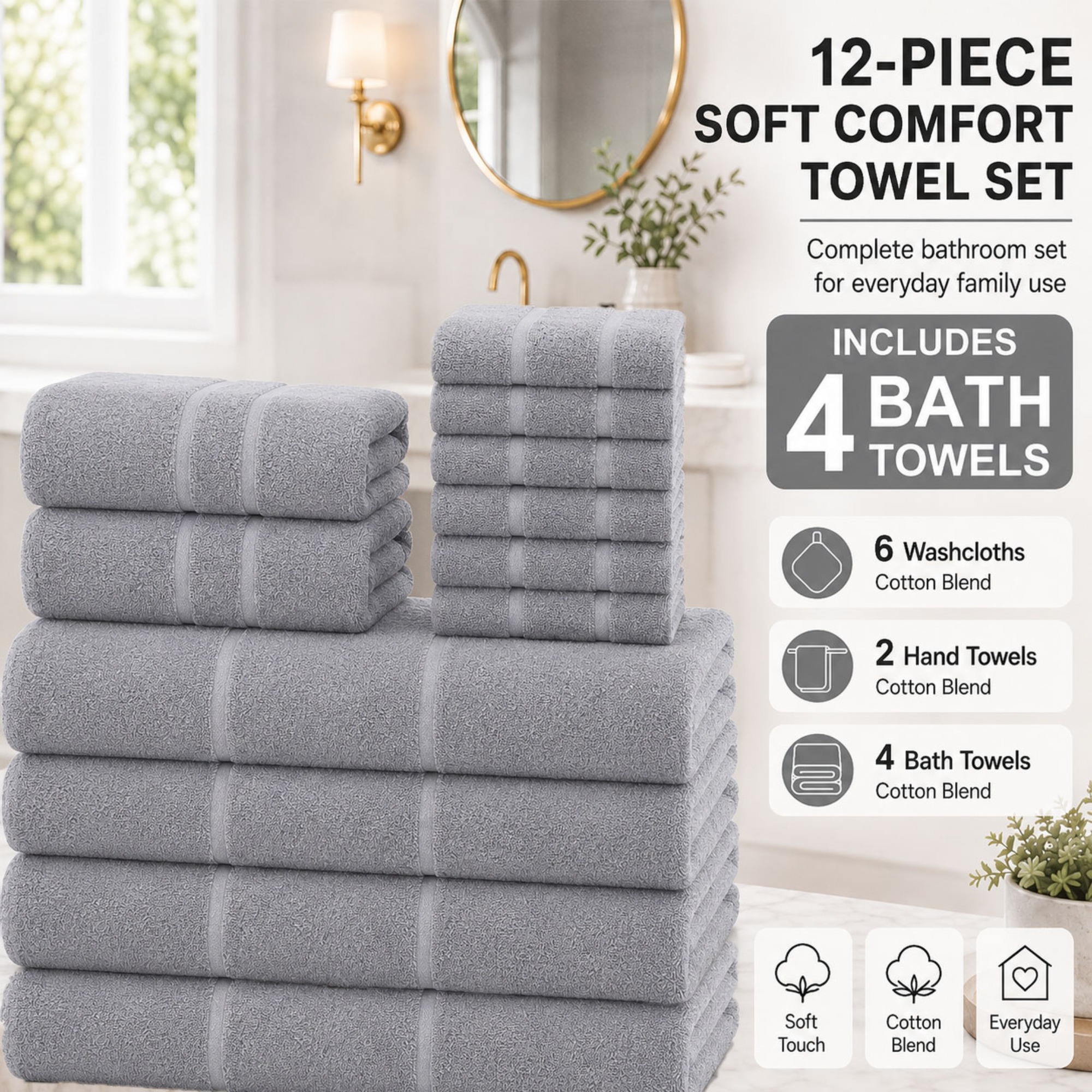TEMU 24/12/16pcs Soft Cotton Bath Towel Set, Includes 8/4 Bath Towels, 4/2 Hand Towels& 12/6/16 Washcloths, Absorbent, Quick Dry, Bathroom Towels For