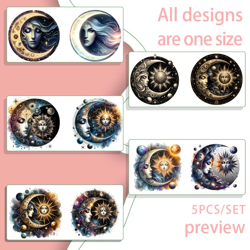 TEMU Set Of 5pcs Of Mysterious Moon 16oz Transfer Paper For Uv Dtf Application On 16 Oz Glass Jars